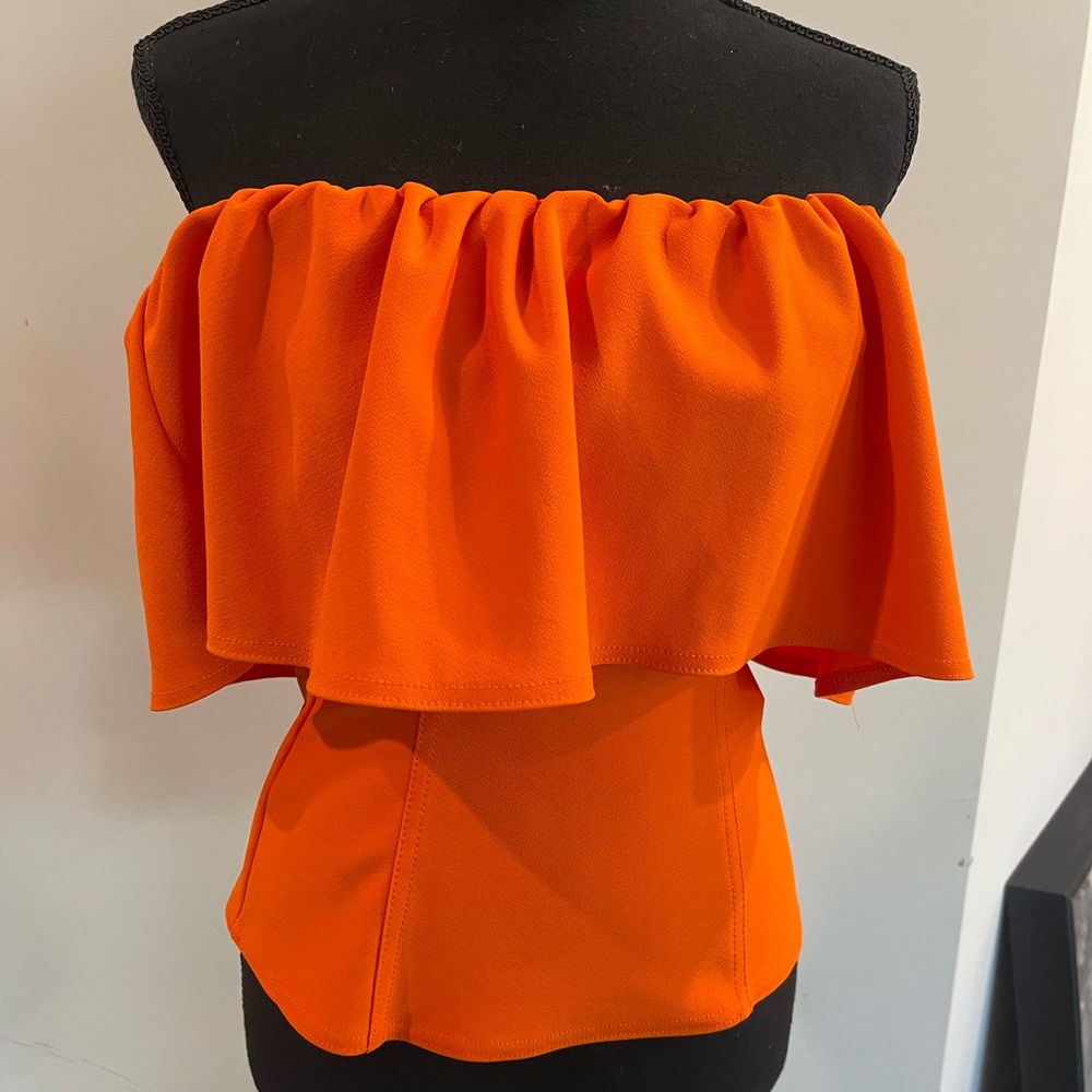 Zara Off-Shoulder Ruffle fitted tube Top - Bright Orange NWT